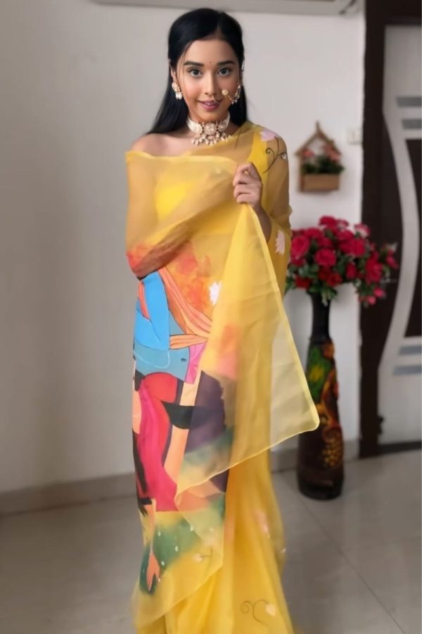 Vivacious 1-Minute Ready To Wear Yellow Organza Silk Saree