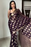 Surpassing 1-Minute Ready To Wear Dark Purple Cotton Silk Saree