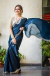 Engrossing Navy Blue Embroidery Work Georgette Saree With Inspiring Blouse Piece