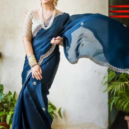 Engrossing Navy Blue Embroidery Work Georgette Saree With Inspiring Blouse Piece