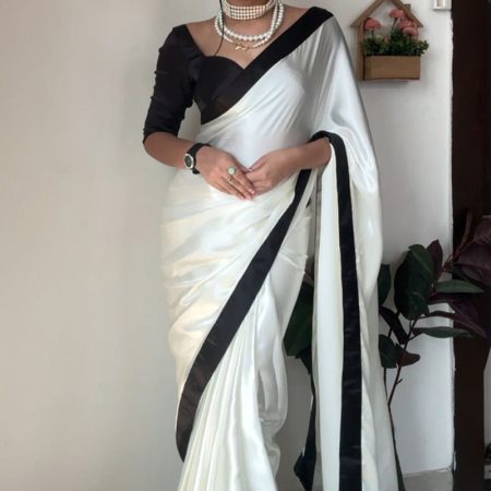 Adorable 1-Minute Ready To Wear White Satin Silk Saree