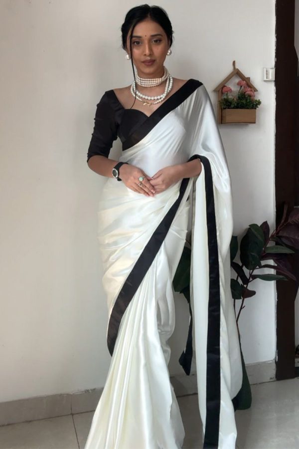 Adorable 1-Minute Ready To Wear White Satin Silk Saree