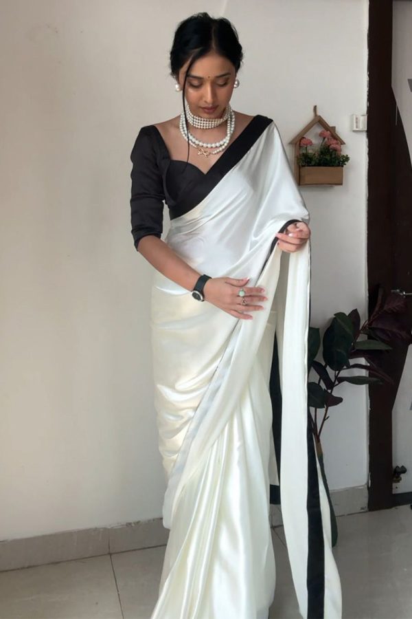 Adorable 1-Minute Ready To Wear White Satin Silk Saree