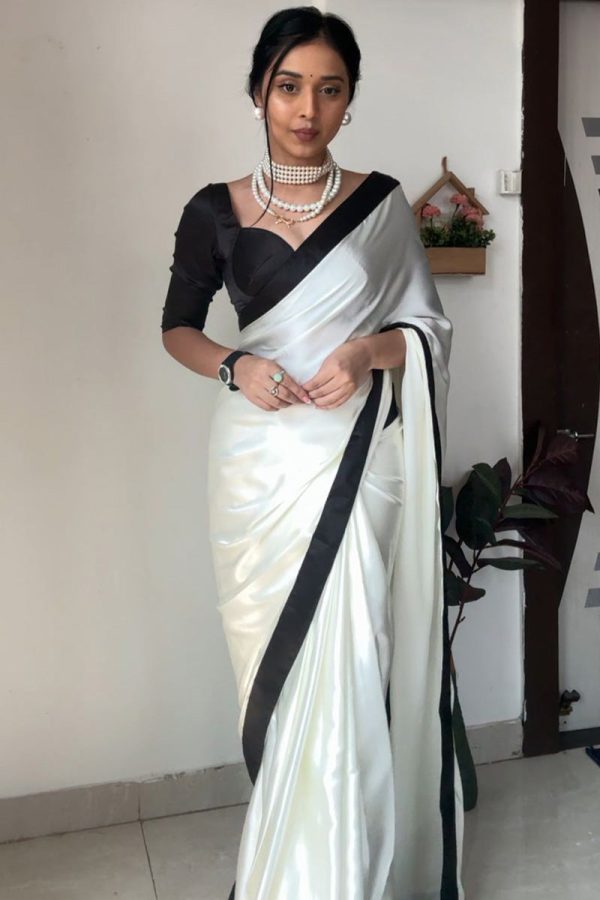 Adorable 1-Minute Ready To Wear White Satin Silk Saree