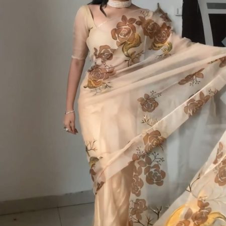 Super classy 1-Minute Ready To Wear Beige Organza Silk Saree