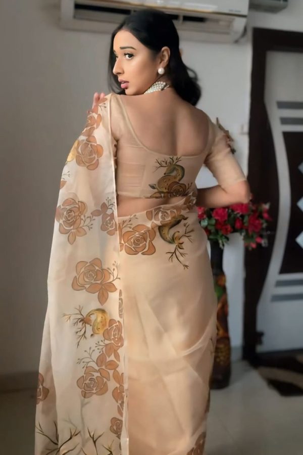 Super classy 1-Minute Ready To Wear Beige Organza Silk Saree