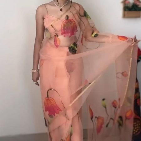 Imbrication 1-Minute Ready To Wear Peach Organza Silk Saree