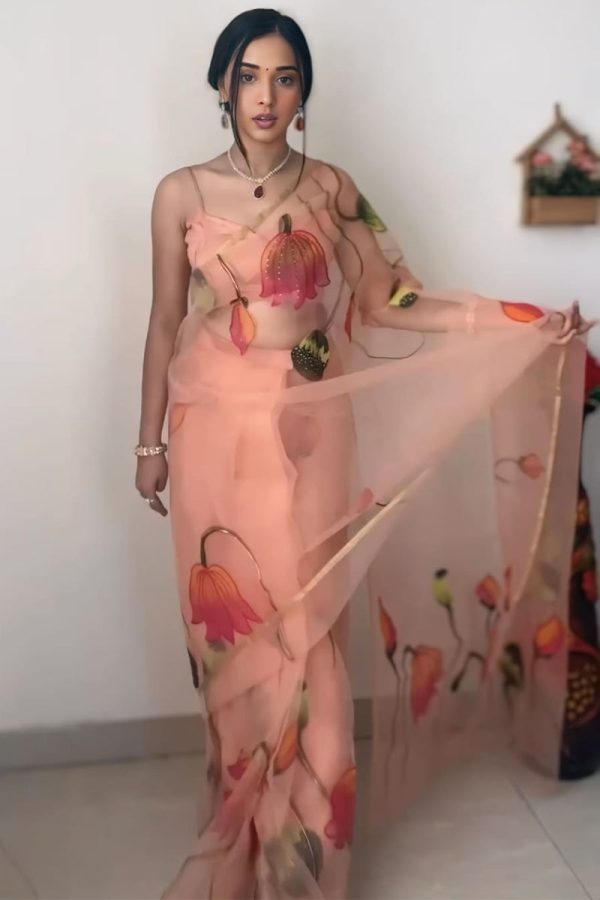 Imbrication 1-Minute Ready To Wear Peach Organza Silk Saree