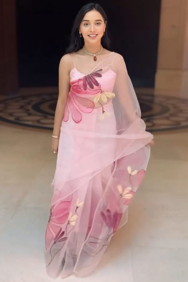 Most Flattering 1-Minute Ready To Wear Baby Pink Organza Silk Saree