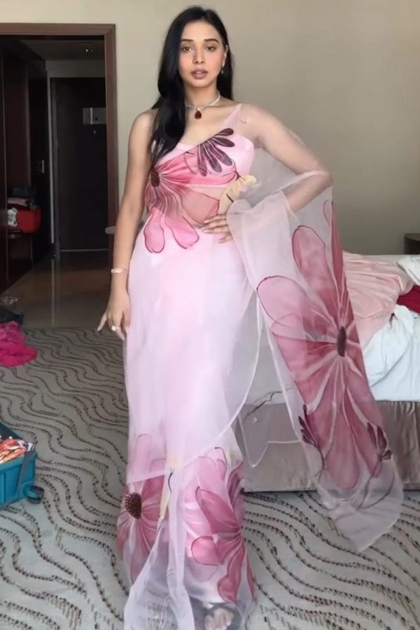 Most Flattering 1-Minute Ready To Wear Baby Pink Organza Silk Saree