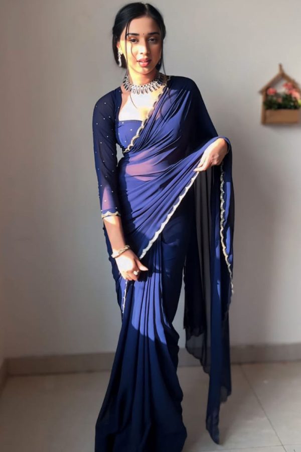 Angelic 1-Minute Ready To Wear Navy Blue Georgette Saree