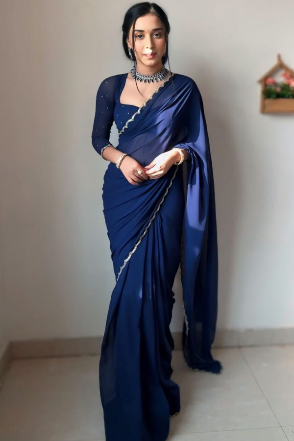 Angelic 1-Minute Ready To Wear Navy Blue Georgette Saree