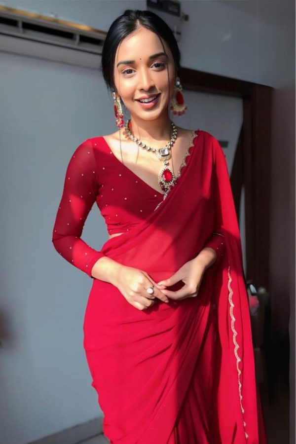 Arresting 1-Minute Ready To Wear Red Georgette Saree