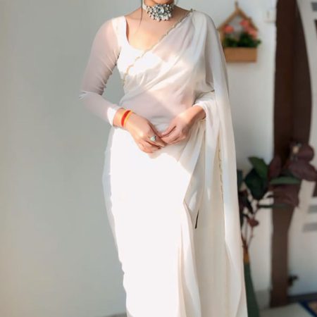 Skinny 1-Minute Ready To Wear White Georgette Saree