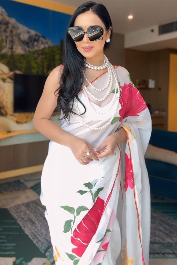 Mellifluous 1-Minute Ready To Wear White Georgette Saree