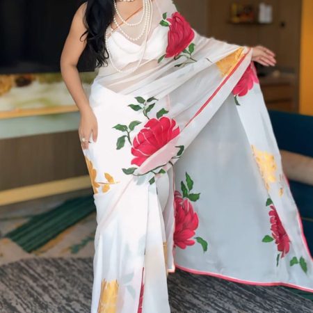 Mellifluous 1-Minute Ready To Wear White Georgette Saree