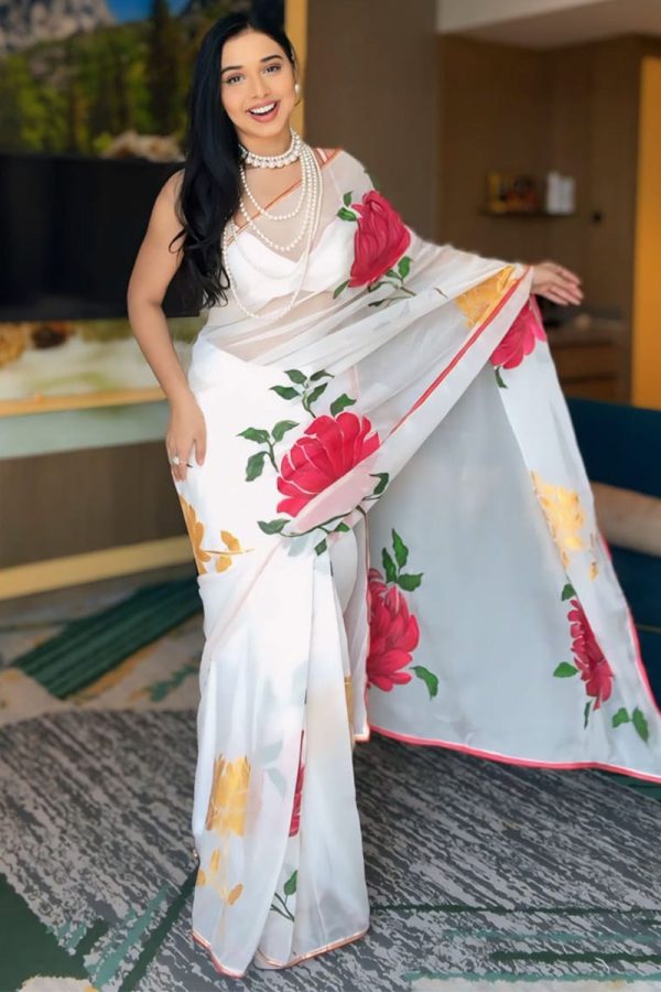 Mellifluous 1-Minute Ready To Wear White Georgette Saree