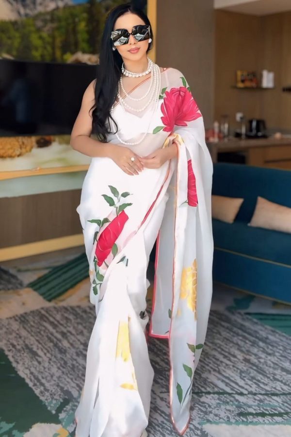 Mellifluous 1-Minute Ready To Wear White Georgette Saree