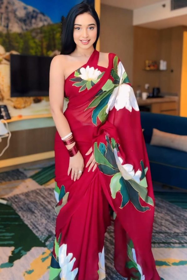 Scintillating 1-Minute Ready To Wear Red Georgette Saree