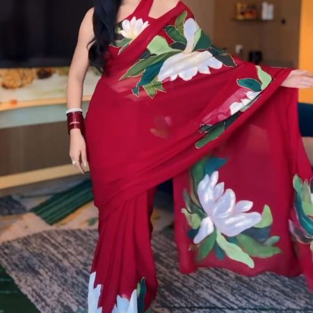 Scintillating 1-Minute Ready To Wear Red Georgette Saree