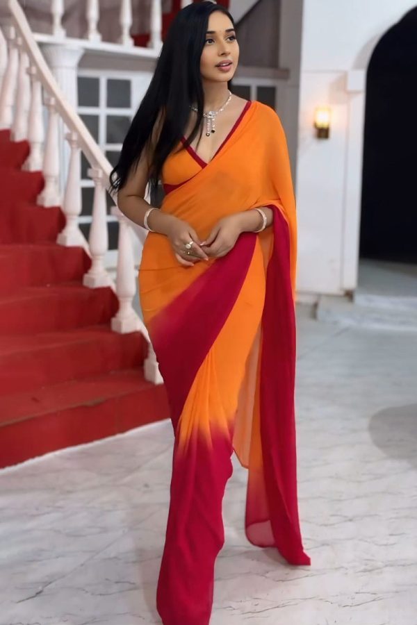 Delightful 1-Minute Ready To Wear Yellow and Red Georgette Saree