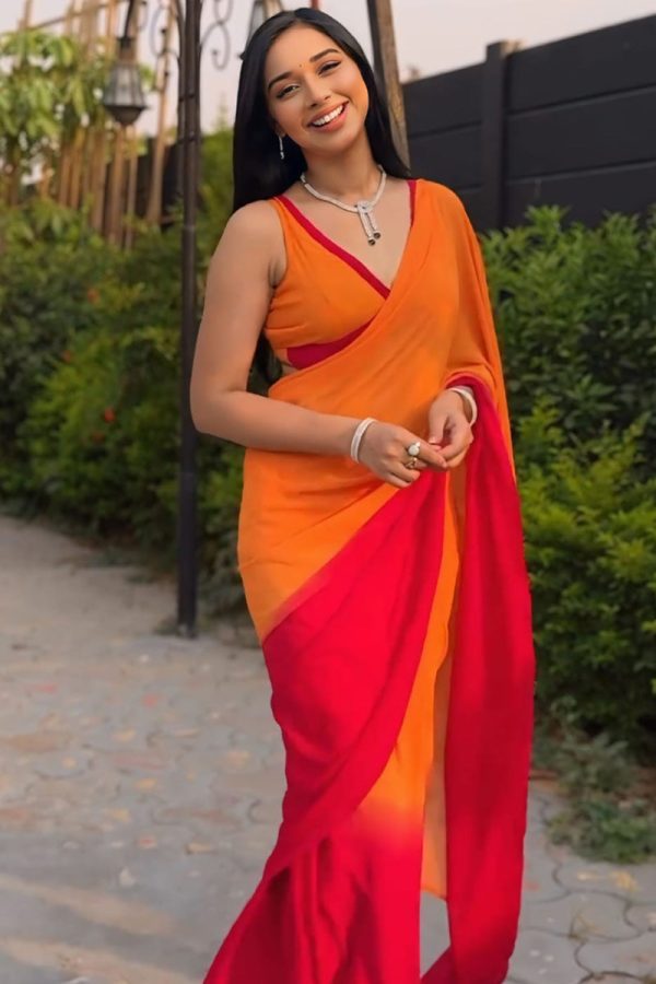 Delightful 1-Minute Ready To Wear Yellow and Red Georgette Saree