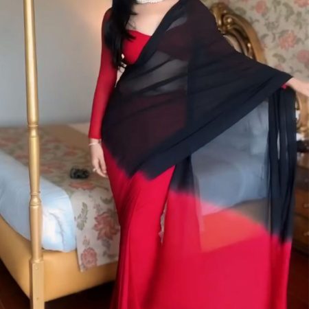 Prettiest 1-Minute Ready To Wear Red and Black Georgette Saree