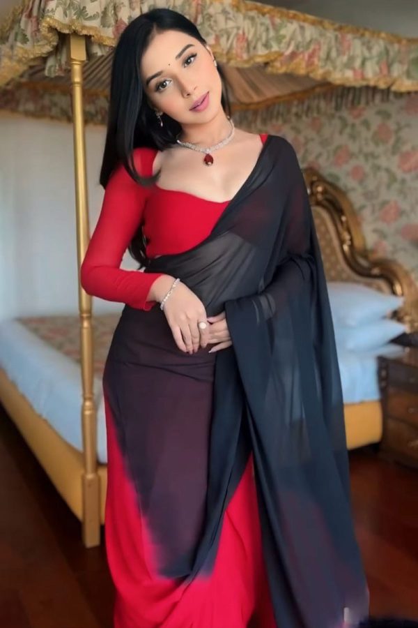 Prettiest 1-Minute Ready To Wear Red and Black Georgette Saree