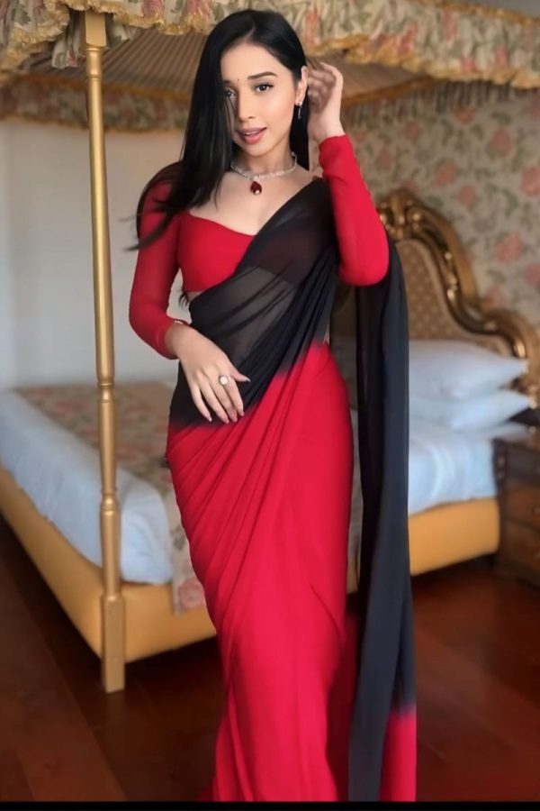 Prettiest 1-Minute Ready To Wear Red and Black Georgette Saree