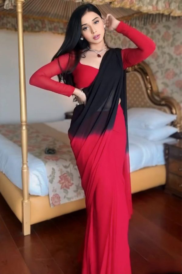 Prettiest 1-Minute Ready To Wear Red and Black Georgette Saree