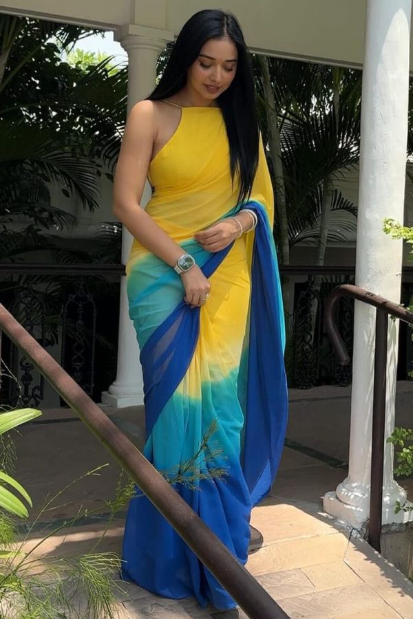 Magnificat  1-Minute Ready To Wear Yellow and Blue Georgette Saree