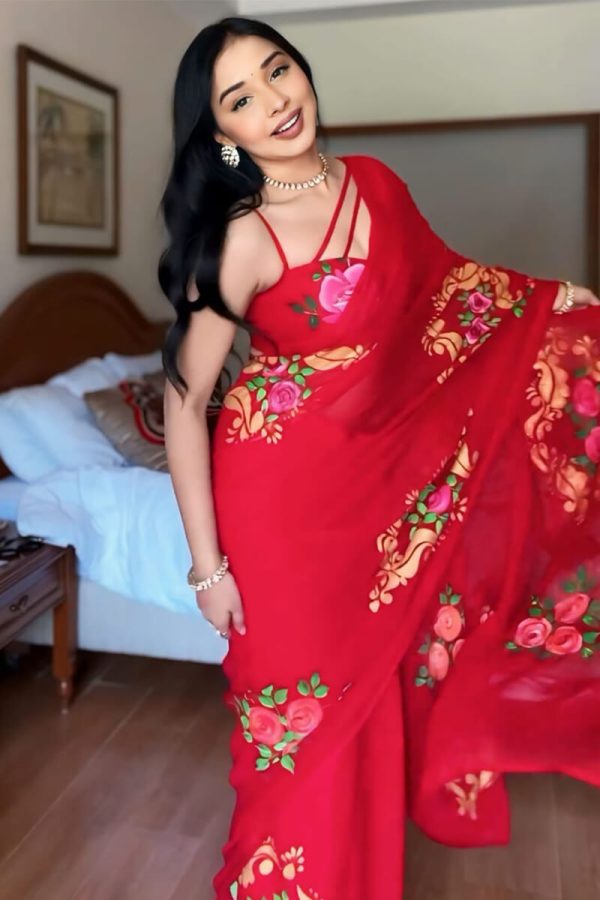 Forbearance 1-Minute Ready To Wear Red Georgette Saree