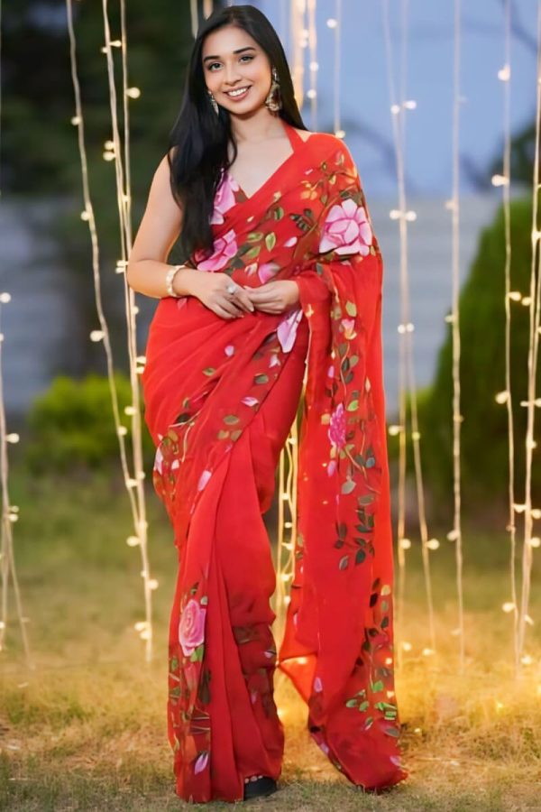 Bucolic 1-Minute Ready To Wear Red Georgette Saree