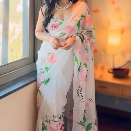 Artistic 1-Minute Ready To Wear Off White Organza Silk Saree