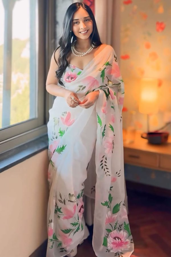 Artistic 1-Minute Ready To Wear Off White Organza Silk Saree