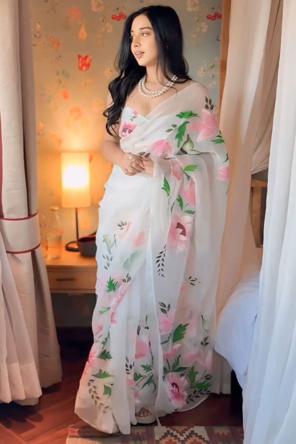 Artistic 1-Minute Ready To Wear Off White Organza Silk Saree