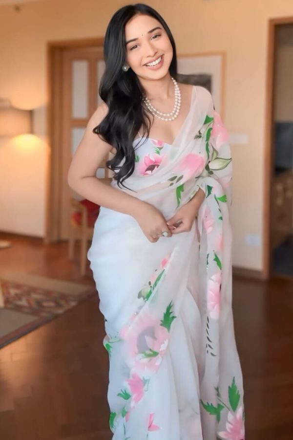 Artistic 1-Minute Ready To Wear Off White Organza Silk Saree