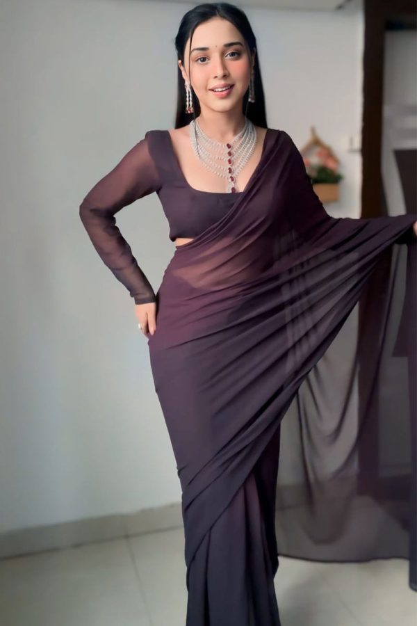 Tempting 1-Minute Ready To Wear Brown Georgette Saree