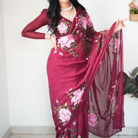 Gossamer 1-Minute Ready To Wear Maroon Georgette Saree