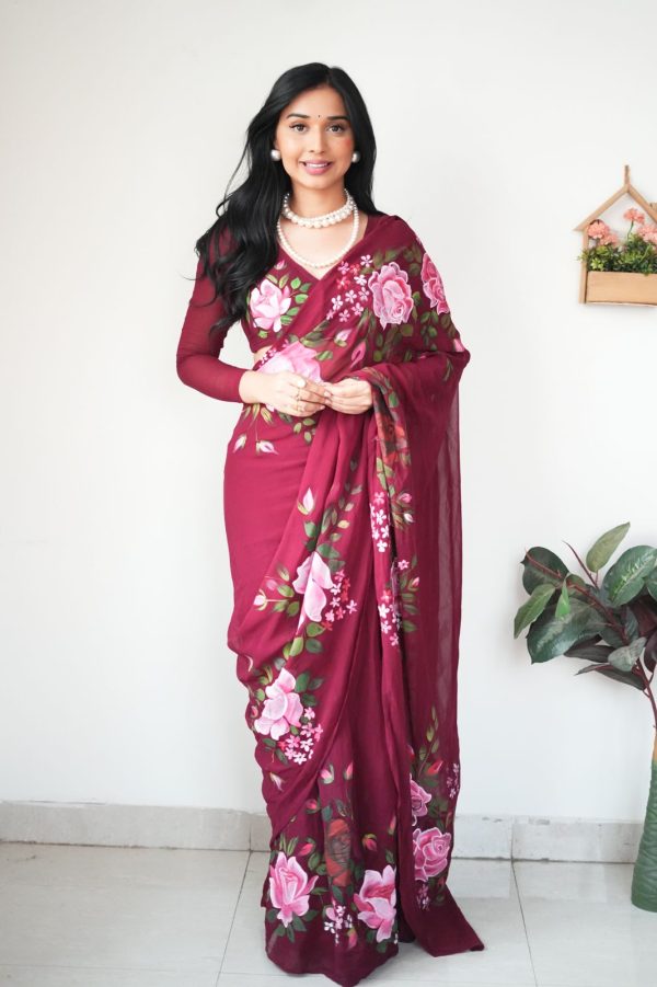 Gossamer 1-Minute Ready To Wear Maroon Georgette Saree