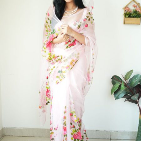 Ineffable 1-Minute Ready To Wear Baby Pink Organza Silk Saree