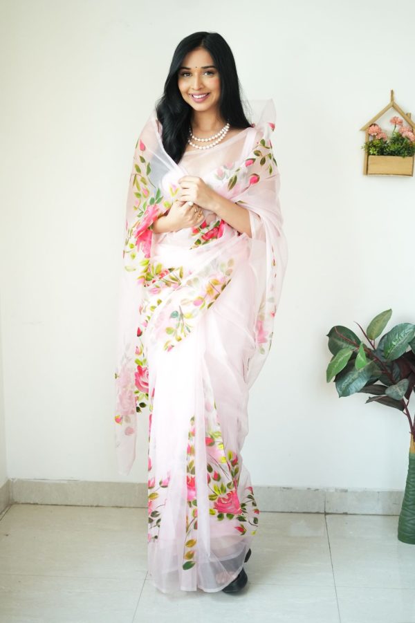 Ineffable 1-Minute Ready To Wear Baby Pink Organza Silk Saree