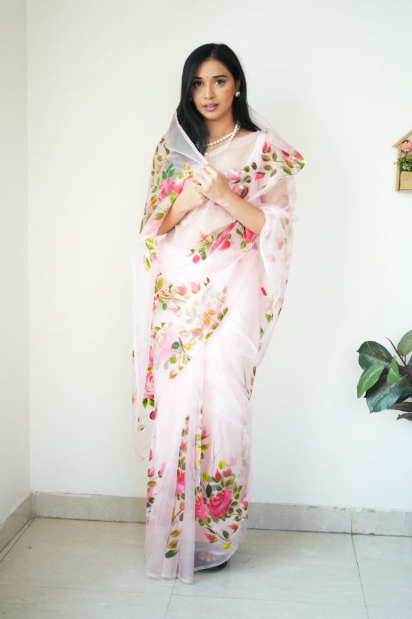 Ineffable 1-Minute Ready To Wear Baby Pink Organza Silk Saree