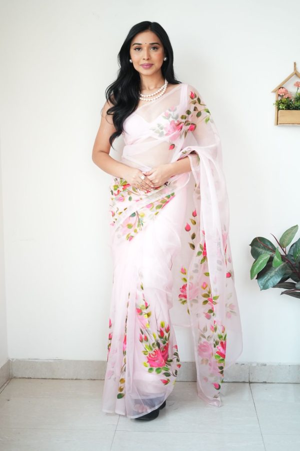 Ineffable 1-Minute Ready To Wear Baby Pink Organza Silk Saree