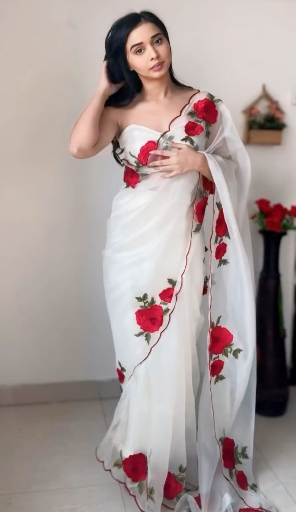 Pulsating 1-Minute Ready To Wear Off White Organza Silk Saree