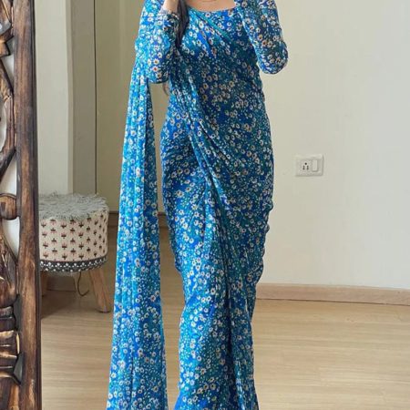 Gossamer 1-Minute Ready To Wear Blue Georgette Saree