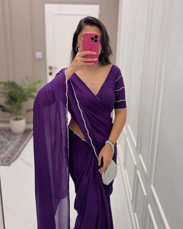 Cynosure 1-Minute Ready To Wear Purple Georgette Saree