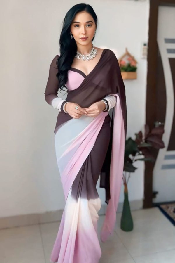 Divine 1-Minute Ready To Wear Brown and Pink Georgette Saree