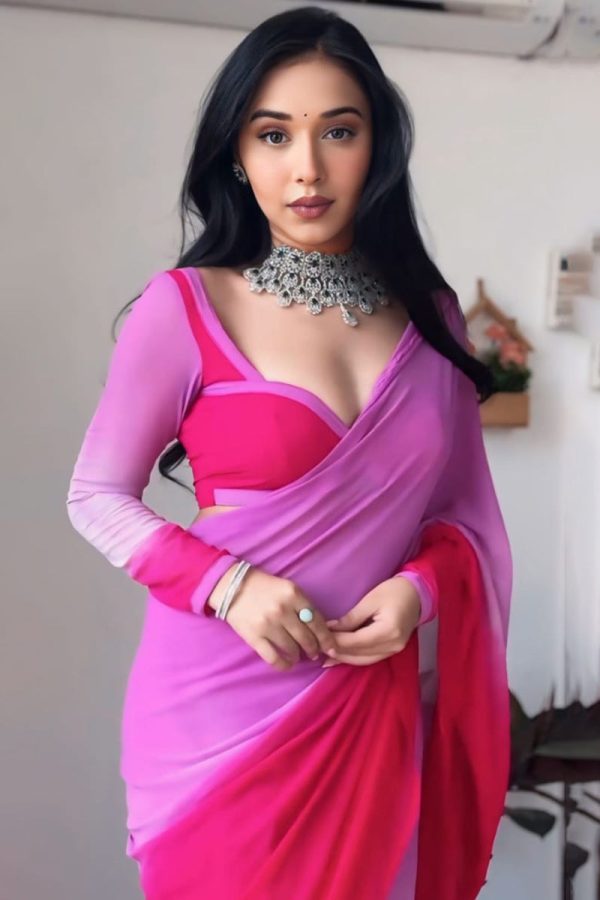 Captivating 1-Minute Ready To Wear Lavender and Pink Georgette Saree