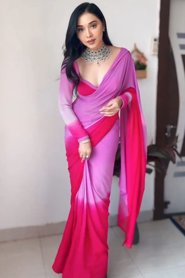 Captivating 1-Minute Ready To Wear Lavender and Pink Georgette Saree